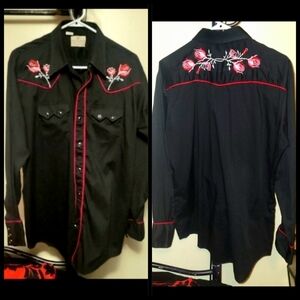 Vtg 80s Dee Cee blk embroidery rose pearl snap cowboy western shirt 17-35 unisex